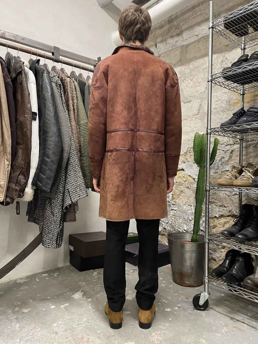 1980s Gianni Versace Molding Caramel Suede Leather Long Jacket eRcMpcY 3