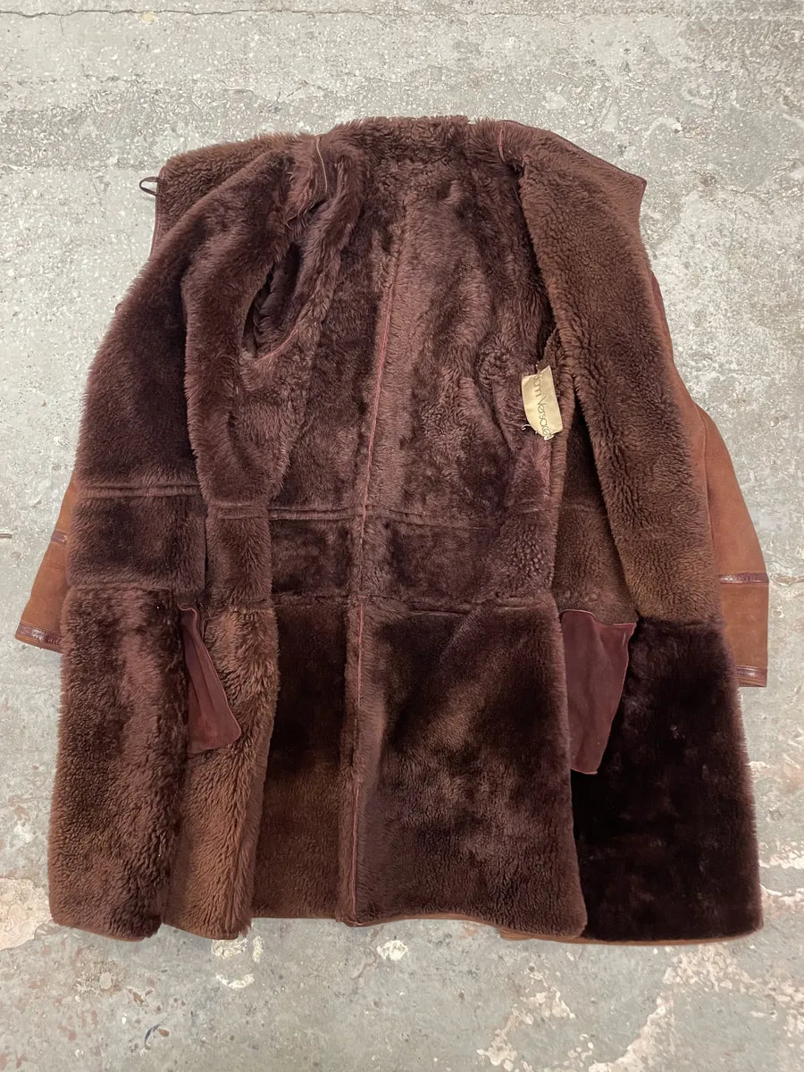 1980s Gianni Versace Molding Caramel Suede Leather Long Jacket eRcMpcY 4
