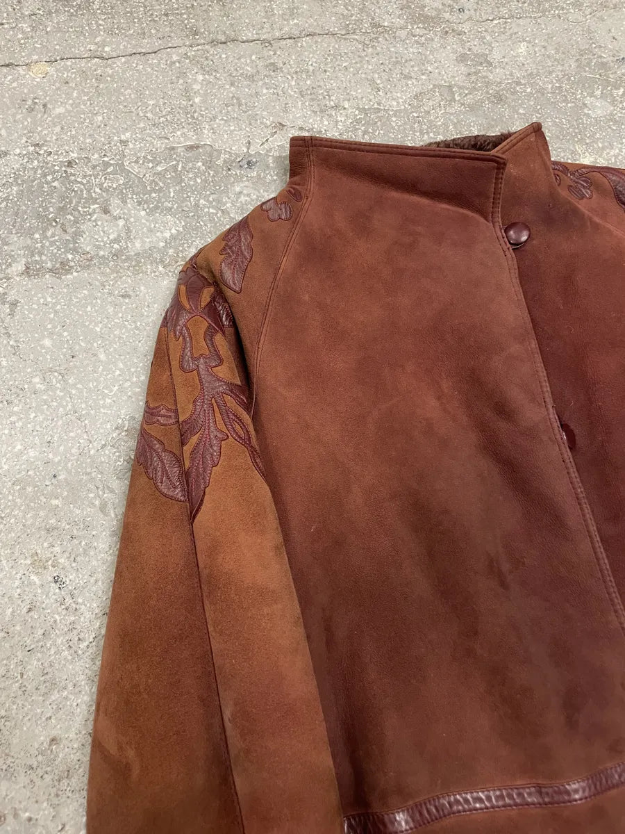 1980s Gianni Versace Molding Caramel Suede Leather Long Jacket eRcMpcY 6