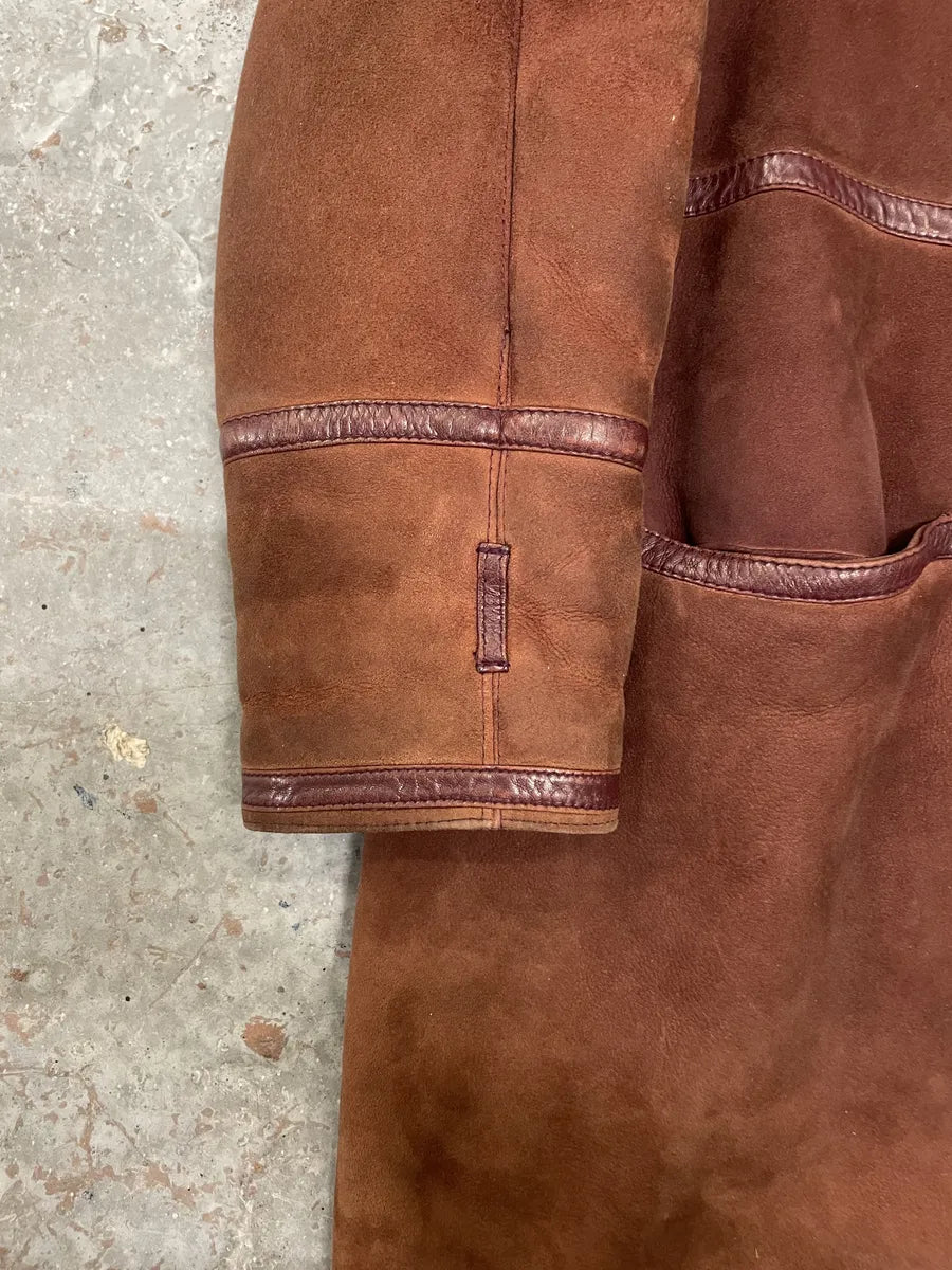 1980s Gianni Versace Molding Caramel Suede Leather Long Jacket eRcMpcY 7