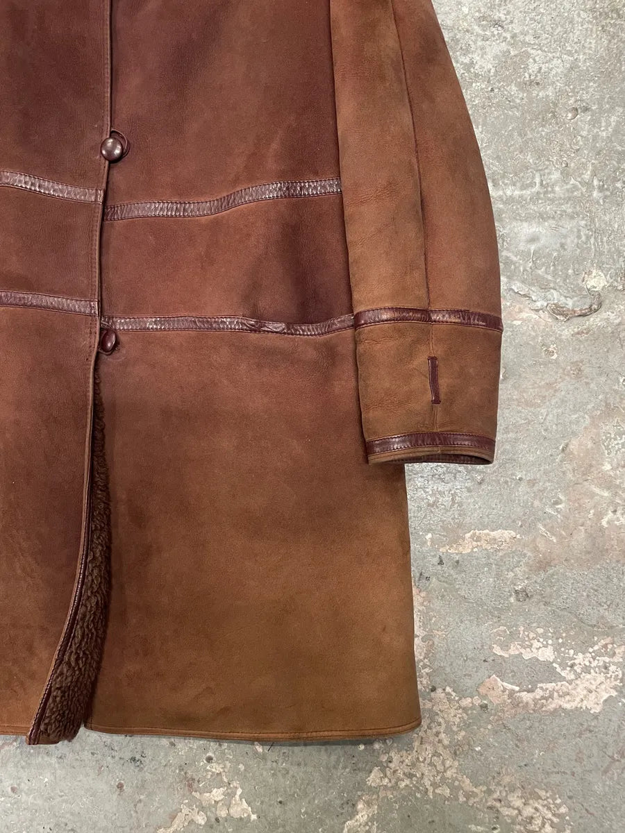 1980s Gianni Versace Molding Caramel Suede Leather Long Jacket eRcMpcY 8