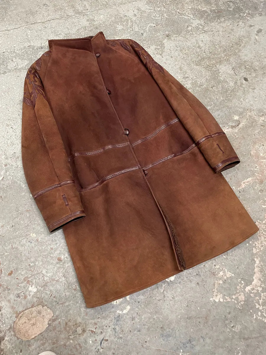 1980s Gianni Versace Molding Caramel Suede Leather Long Jacket eRcMpcY 9
