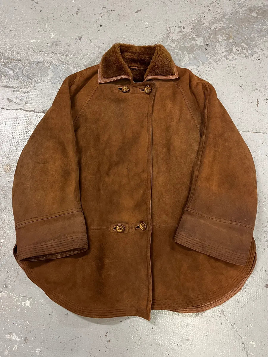1980s Gianni Versace Shearling Brown Suede Coat qXEuliU 0