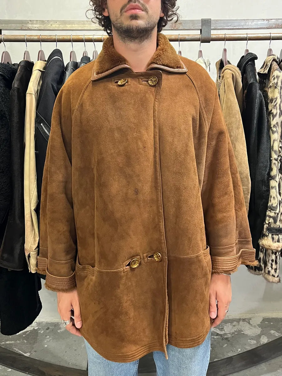 1980s Gianni Versace Shearling Brown Suede Coat qXEuliU 1