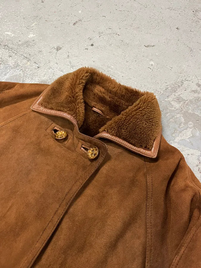 1980s Gianni Versace Shearling Brown Suede Coat qXEuliU 3