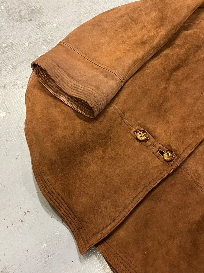 1980s Gianni Versace Shearling Brown Suede Coat qXEuliU 4