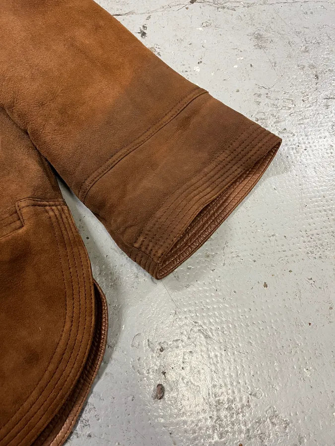 1980s Gianni Versace Shearling Brown Suede Coat qXEuliU 5