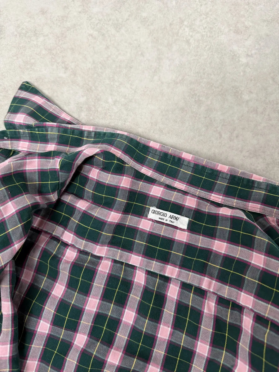 1980s Giorgio Armani Green & Pink Checkered Shirt QWSsElp 8