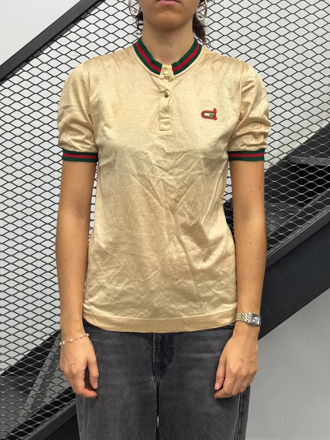 1980s Gucci Gold Mao Collar Polo T-Shirt LlhkLyh 1