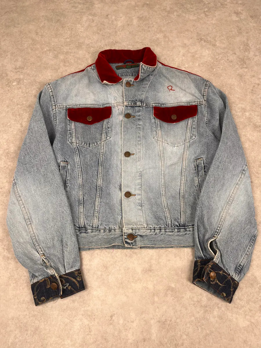1980s Katherine Hamnett Blue Denim Floral Jacket with Red Velvet GyvshAr 0