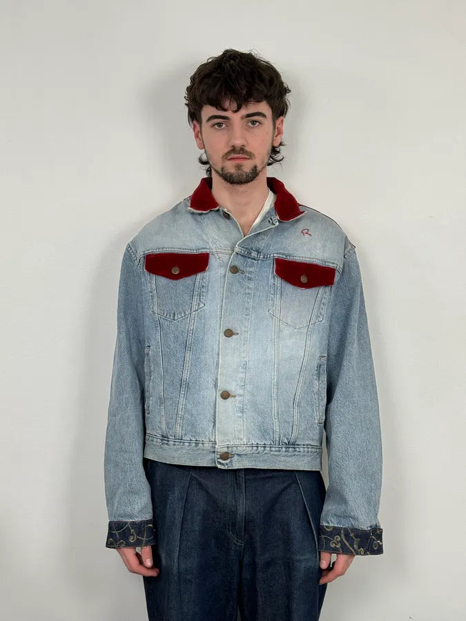 1980s Katherine Hamnett Blue Denim Floral Jacket with Red Velvet GyvshAr 1