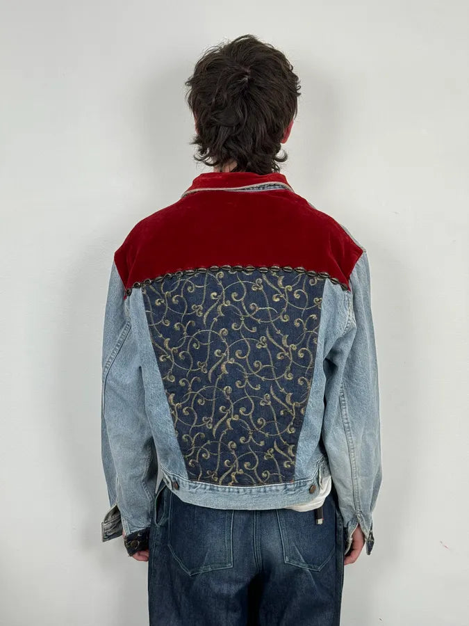 1980s Katherine Hamnett Blue Denim Floral Jacket with Red Velvet GyvshAr 2