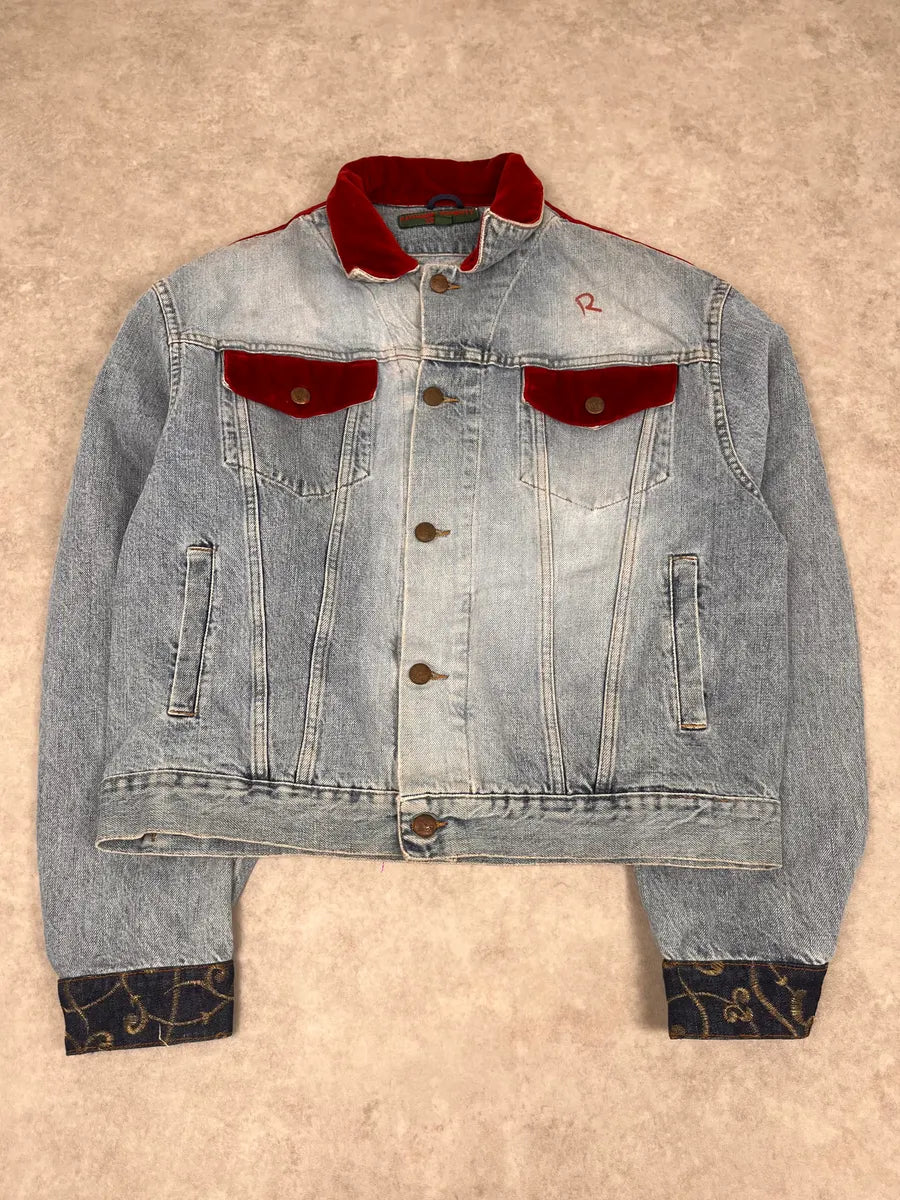 1980s Katherine Hamnett Blue Denim Floral Jacket with Red Velvet GyvshAr 3