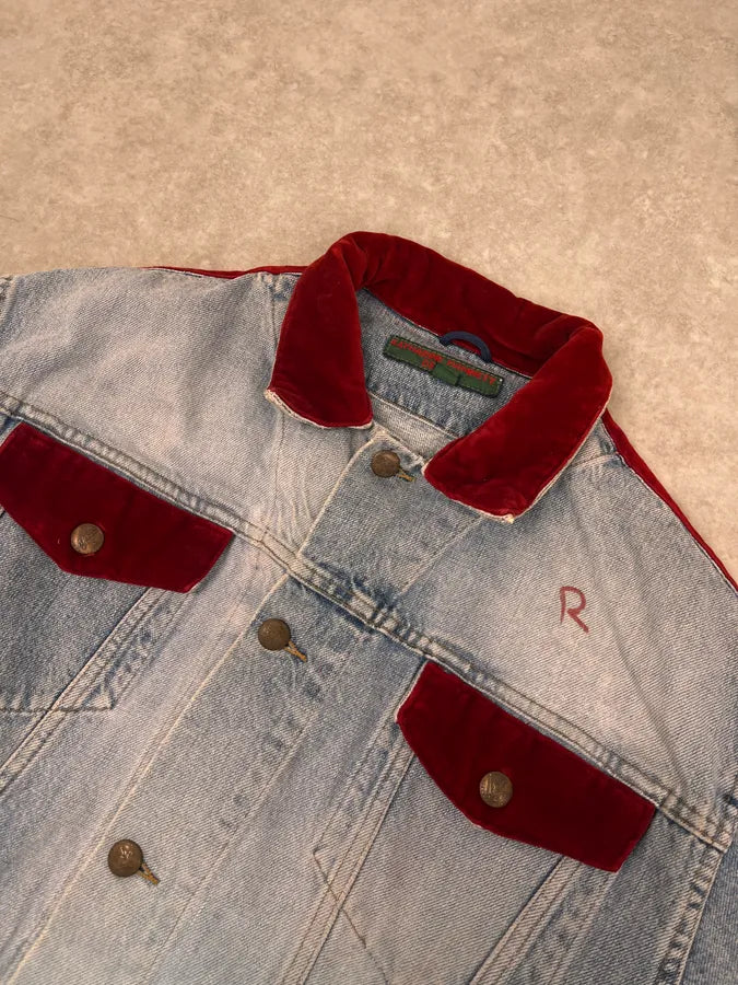 1980s Katherine Hamnett Blue Denim Floral Jacket with Red Velvet GyvshAr 4