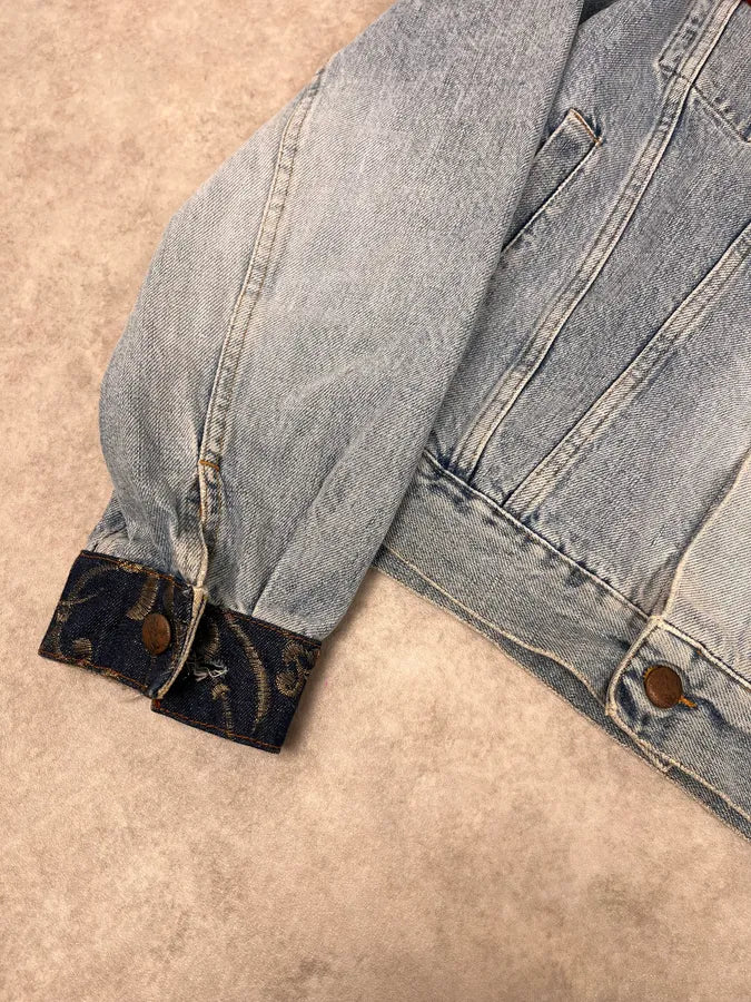 1980s Katherine Hamnett Blue Denim Floral Jacket with Red Velvet GyvshAr 5