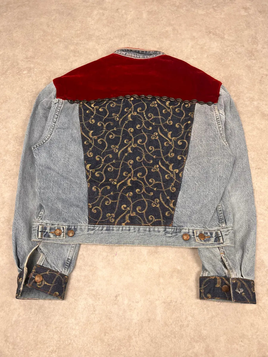 1980s Katherine Hamnett Blue Denim Floral Jacket with Red Velvet GyvshAr 6