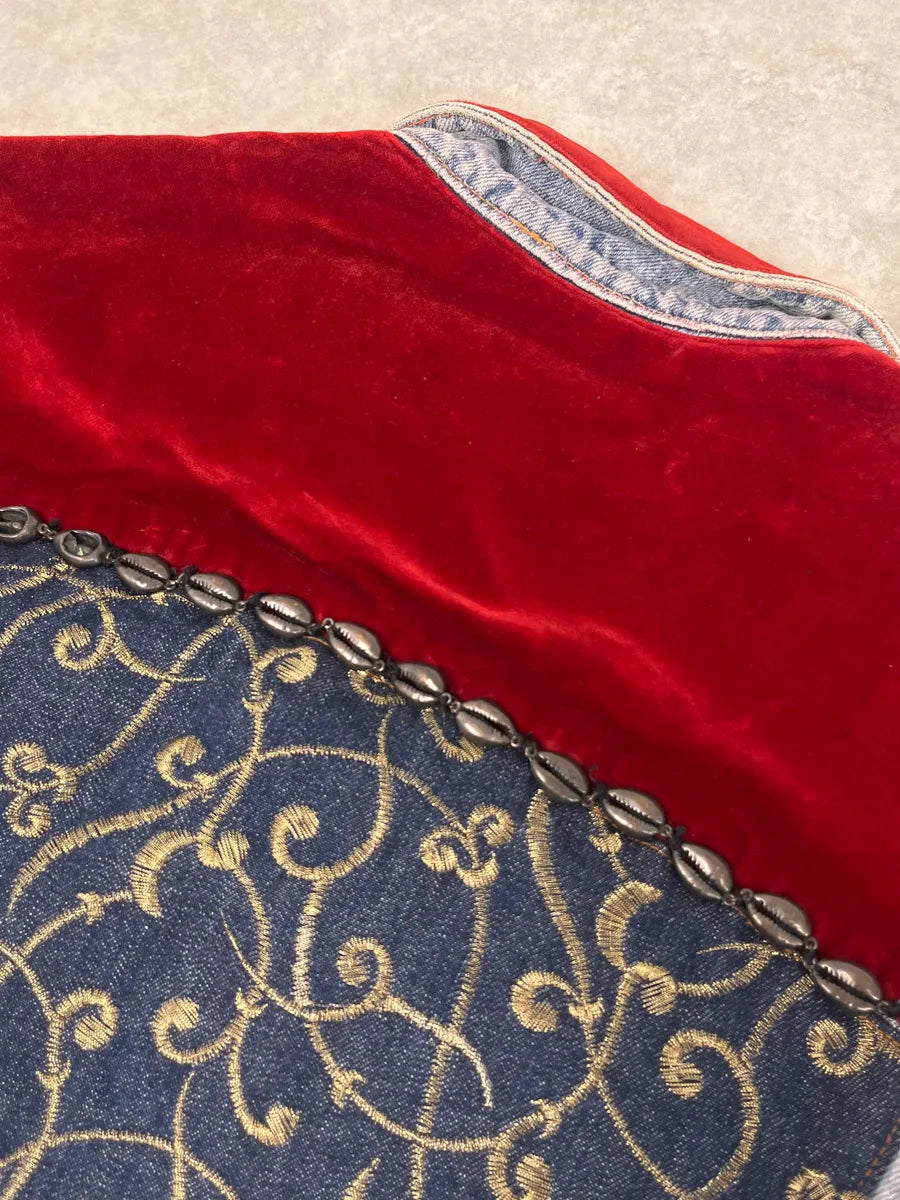 1980s Katherine Hamnett Blue Denim Floral Jacket with Red Velvet GyvshAr 7