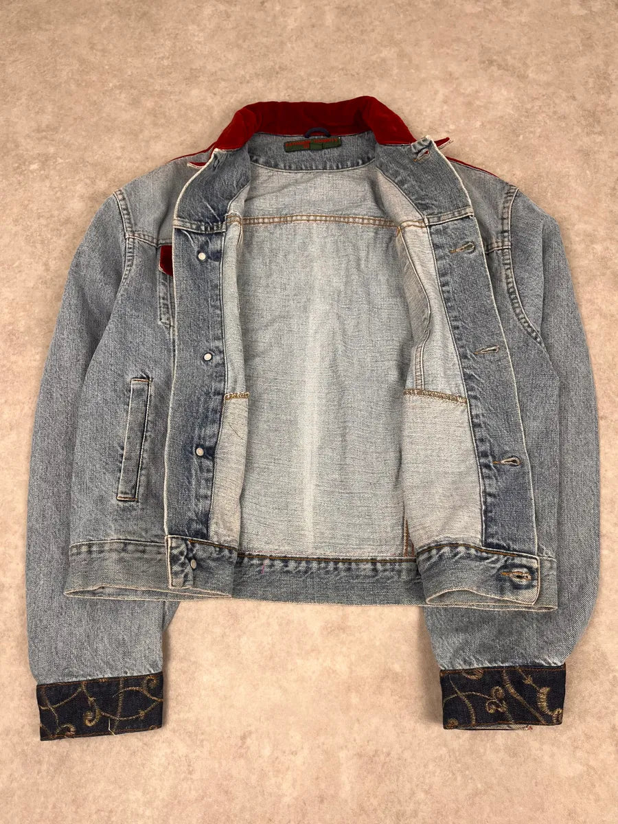 1980s Katherine Hamnett Blue Denim Floral Jacket with Red Velvet GyvshAr 8