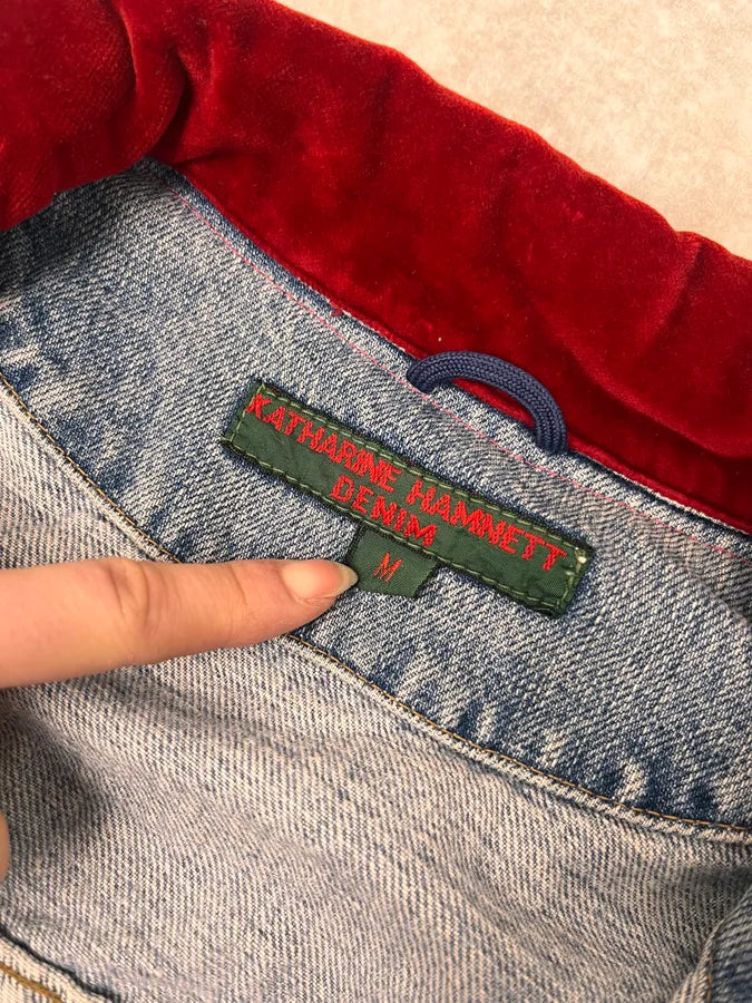 1980s Katherine Hamnett Blue Denim Floral Jacket with Red Velvet GyvshAr 9