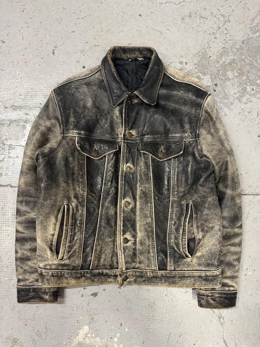 1980s Levi’s Eroded Grey Patina Leather Obscure Trucker Jacket OqNiOcI 0