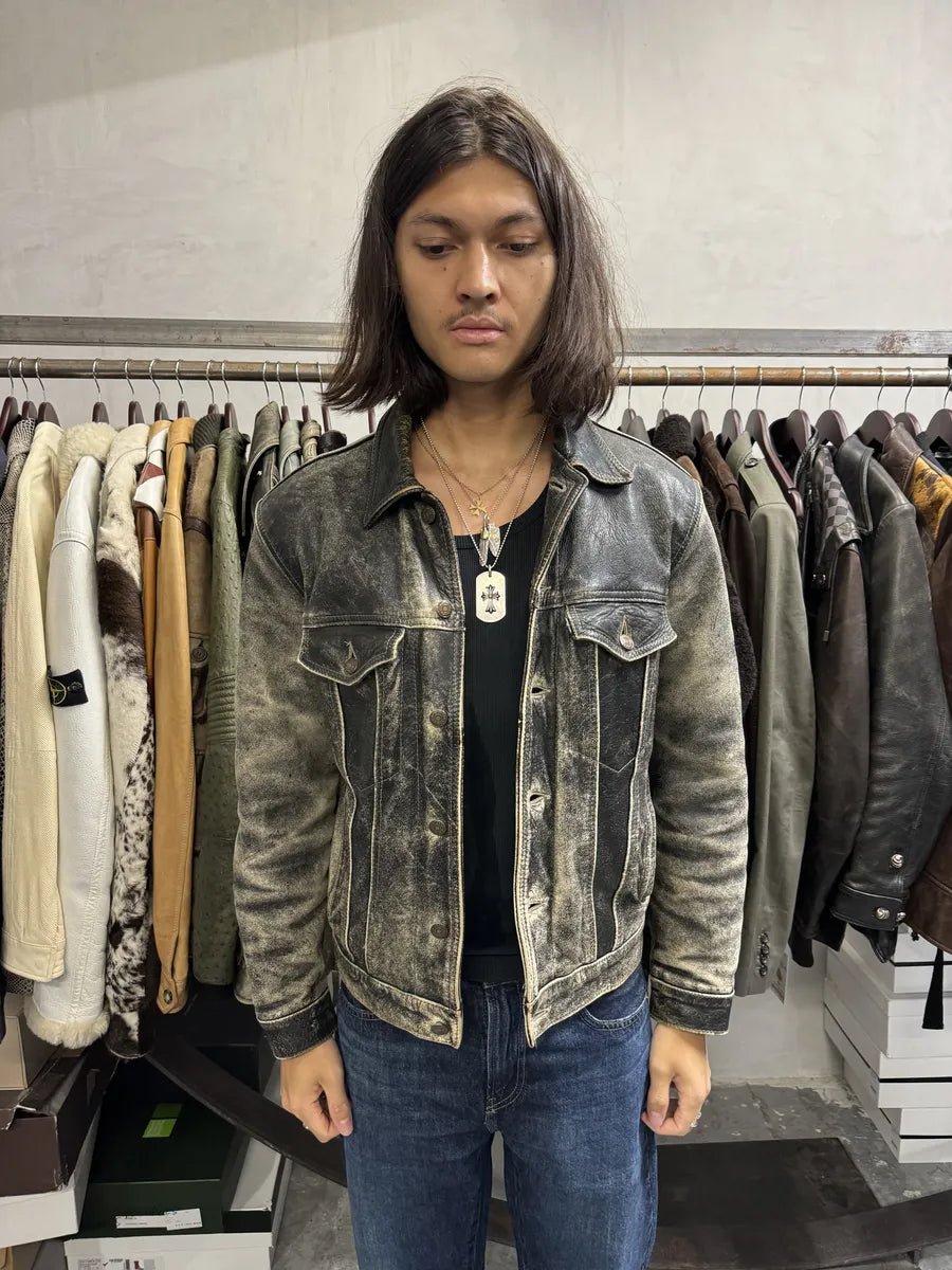 1980s Levi’s Eroded Grey Patina Leather Obscure Trucker Jacket OqNiOcI 2