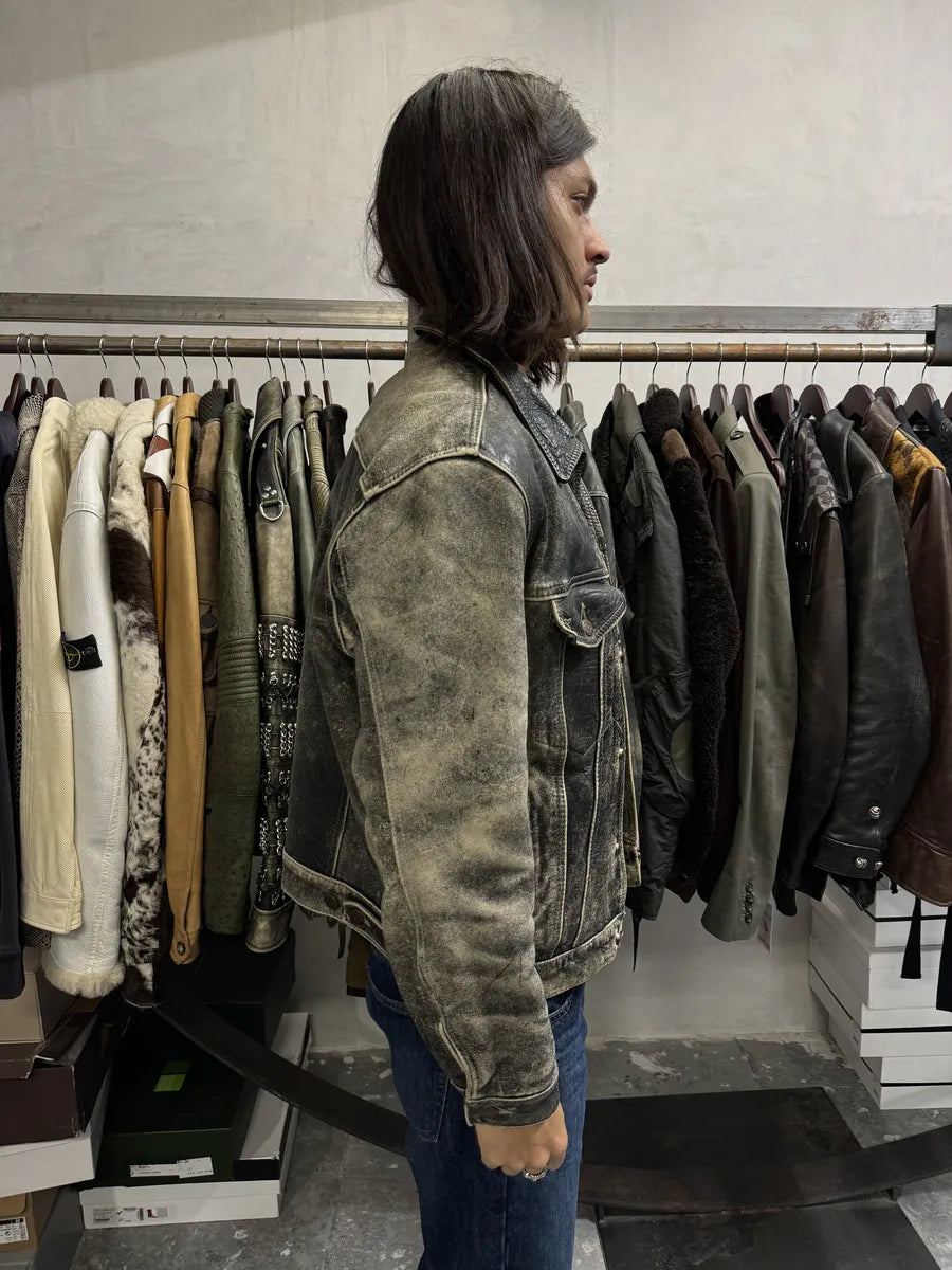 1980s Levi’s Eroded Grey Patina Leather Obscure Trucker Jacket OqNiOcI 3