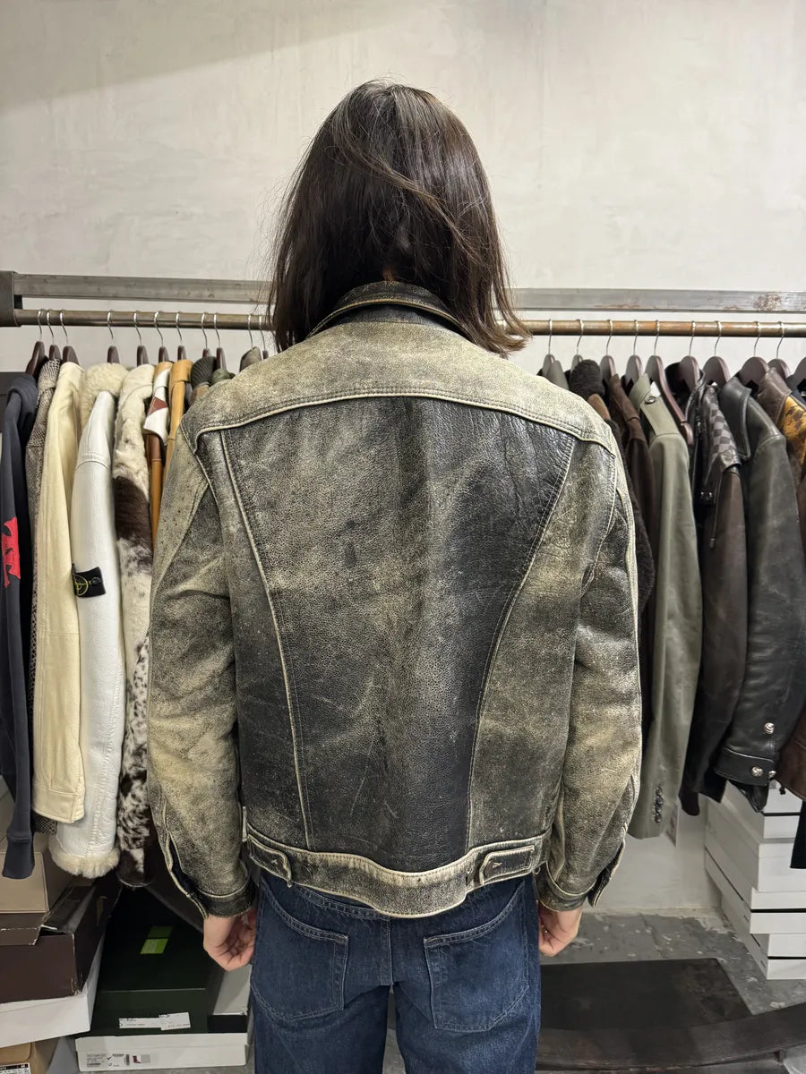 1980s Levi’s Eroded Grey Patina Leather Obscure Trucker Jacket OqNiOcI 4