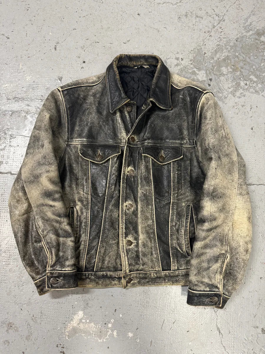 1980s Levi’s Eroded Grey Patina Leather Obscure Trucker Jacket OqNiOcI 5