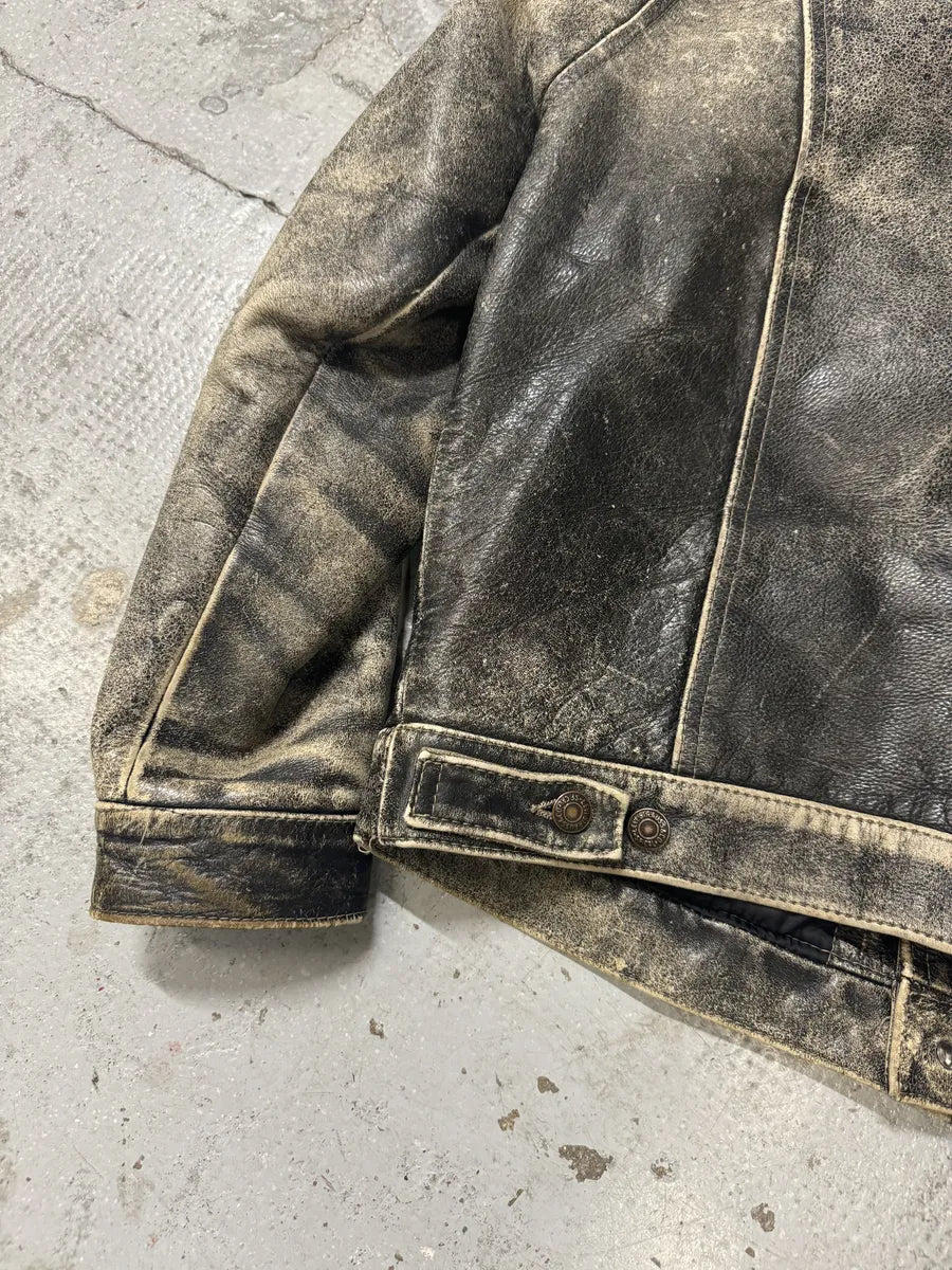 1980s Levi’s Eroded Grey Patina Leather Obscure Trucker Jacket OqNiOcI 6