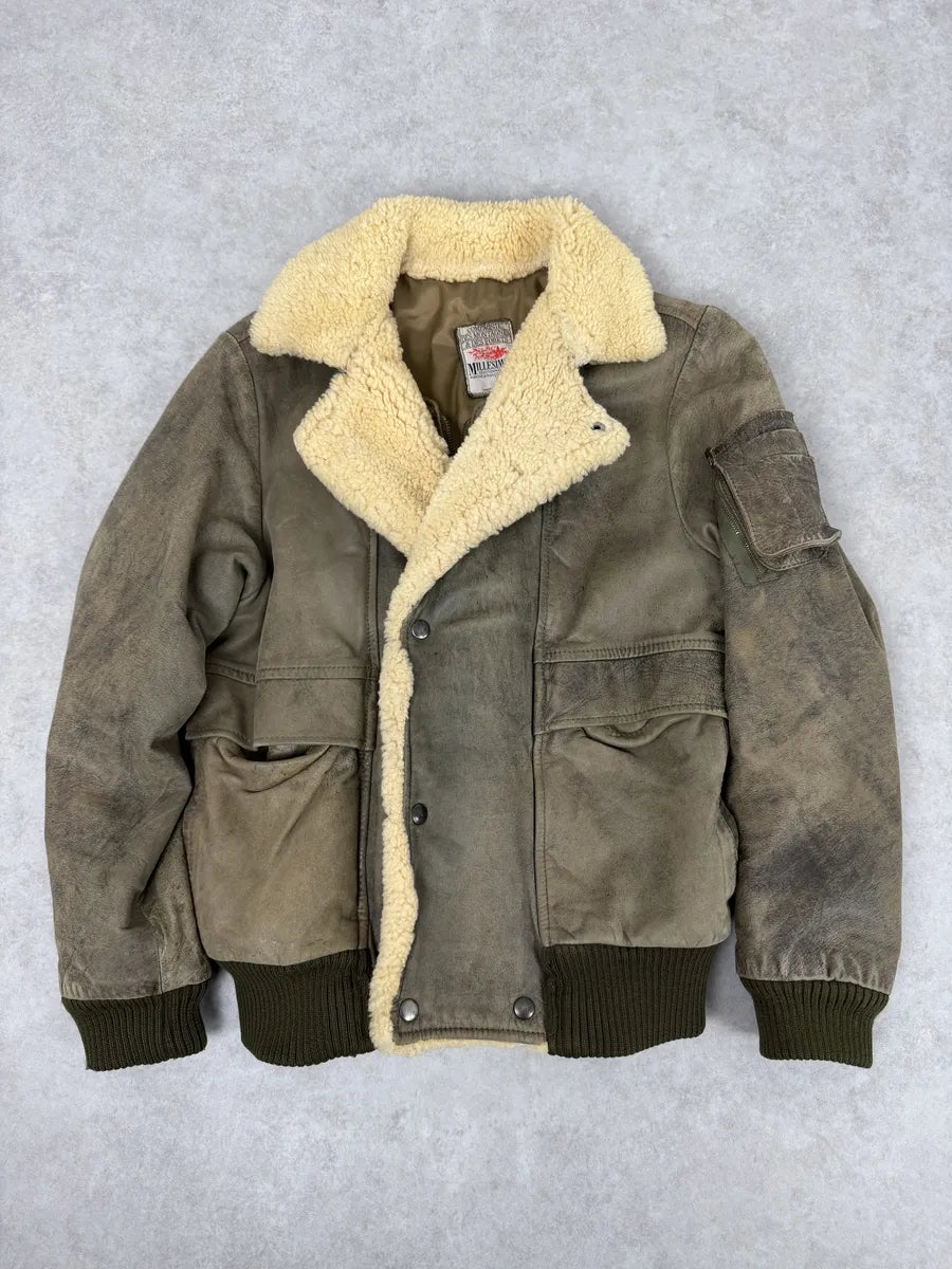 1980s Marithé + François Girbaud Grey Leather Shearling Bomber Jacket TeVmipd 0