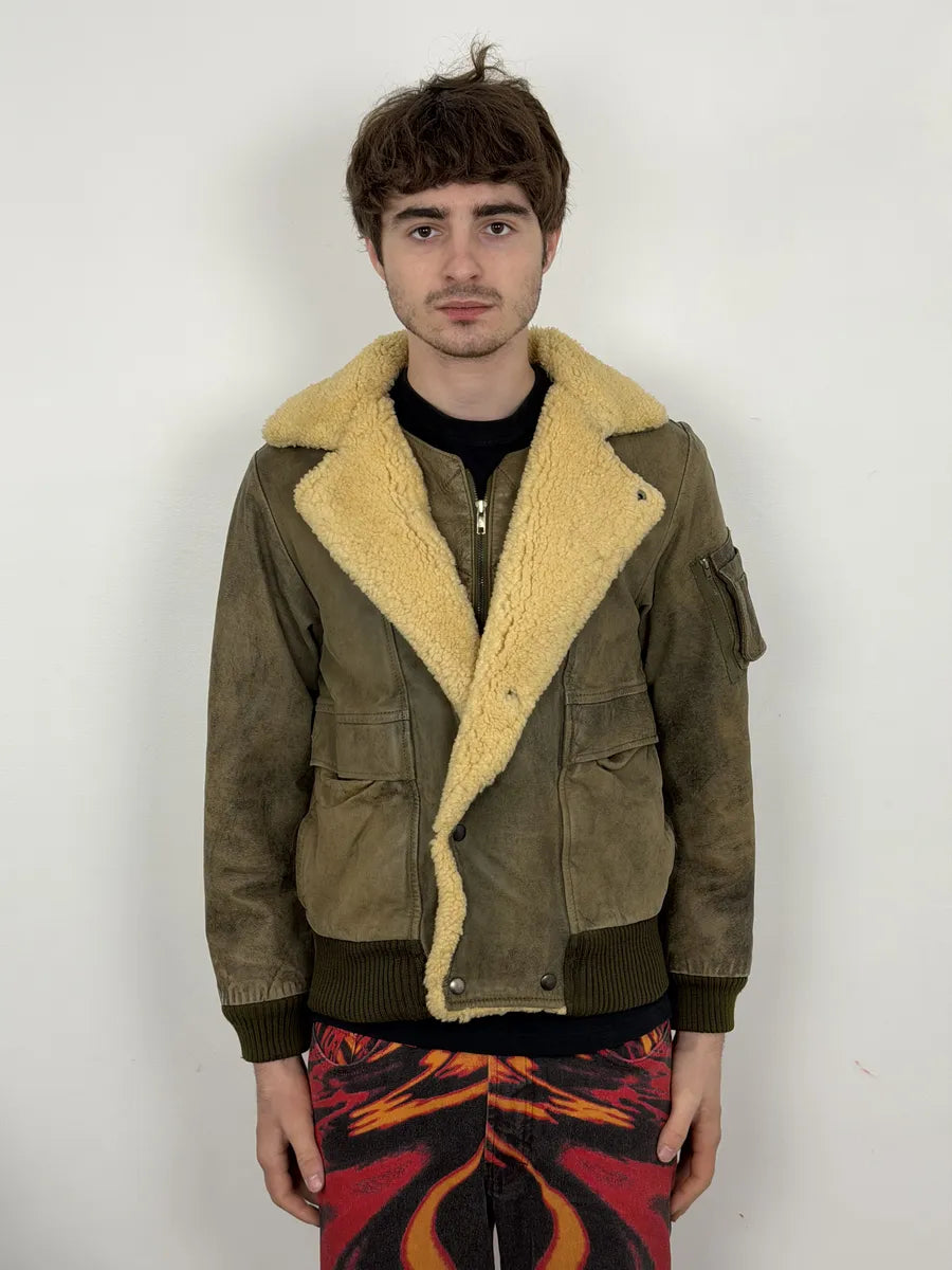 1980s Marithé + François Girbaud Grey Leather Shearling Bomber Jacket TeVmipd 3