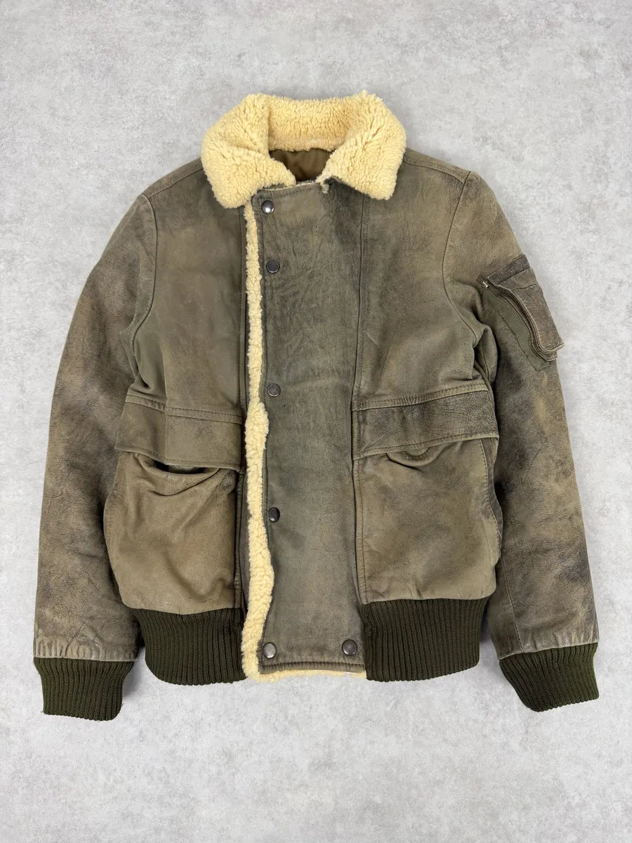 1980s Marithé + François Girbaud Grey Leather Shearling Bomber Jacket TeVmipd 5