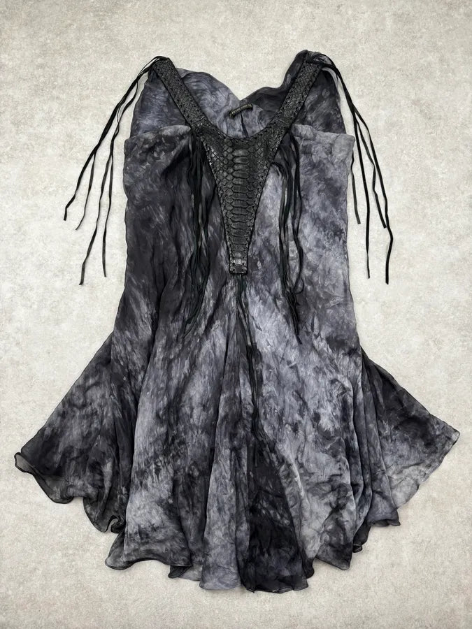 2000s Plein Sud Blue Grey Aqua Fringes Python & Silk Dress SaSMqvd 4