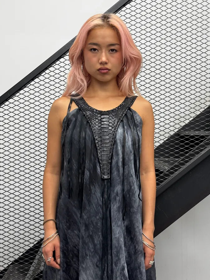 2000s Plein Sud Blue Grey Aqua Fringes Python & Silk Dress SaSMqvd 1