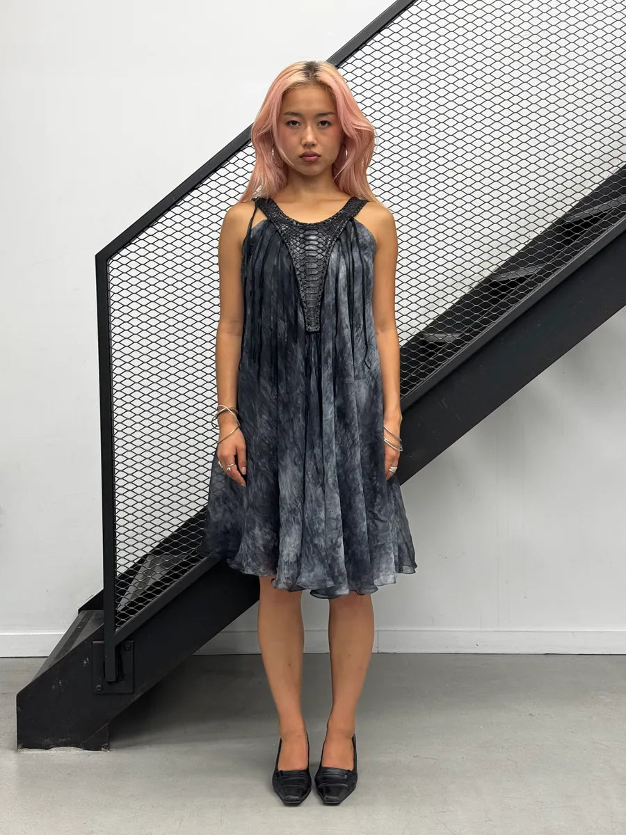 2000s Plein Sud Blue Grey Aqua Fringes Python & Silk Dress SaSMqvd 0