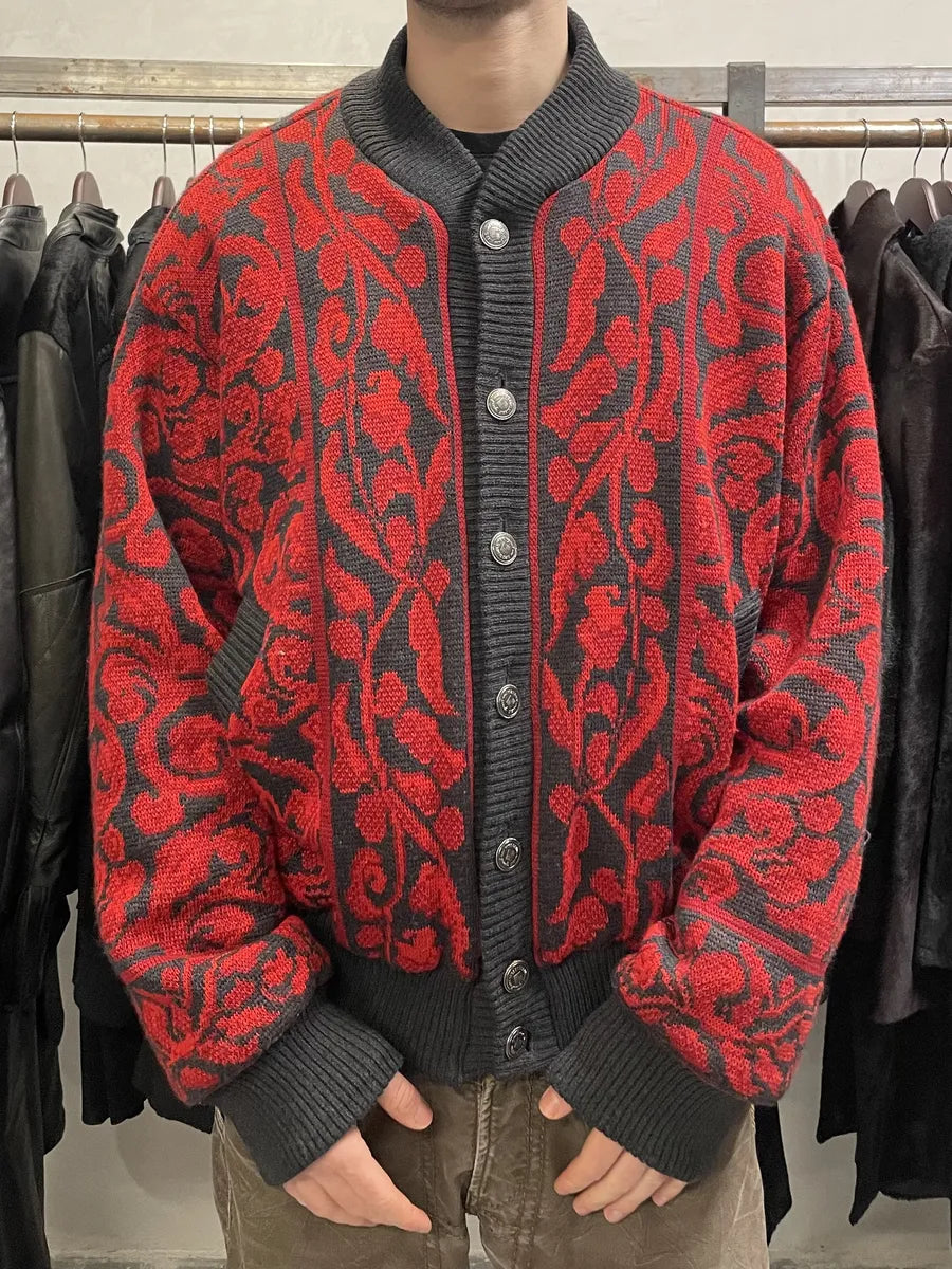 1980s Saint Laurent Rive Gauche Red Floral Cardigan Bomber (XL) doJSdSF 0