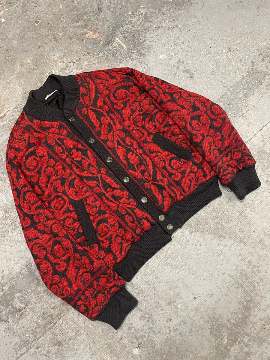 1980s Saint Laurent Rive Gauche Red Floral Cardigan Bomber (XL) doJSdSF 5