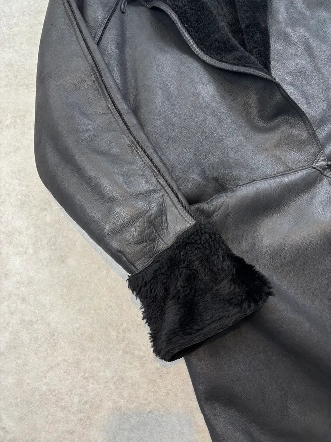 1980s Gianni Versace Black Leather Asymmetrical Coat qxPOVrb 7