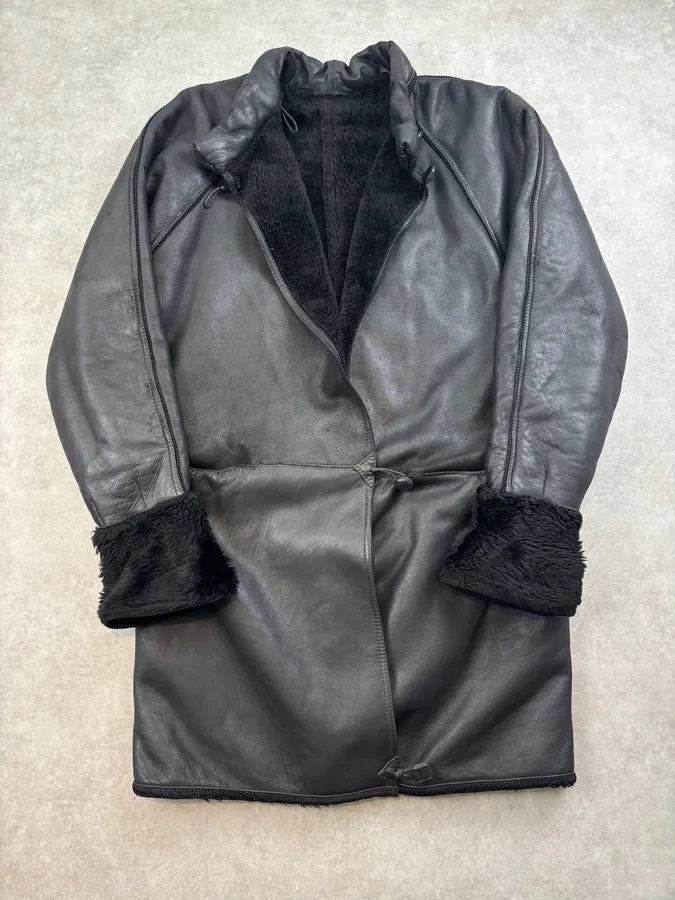 1980s Gianni Versace Black Leather Asymmetrical Coat qxPOVrb 0
