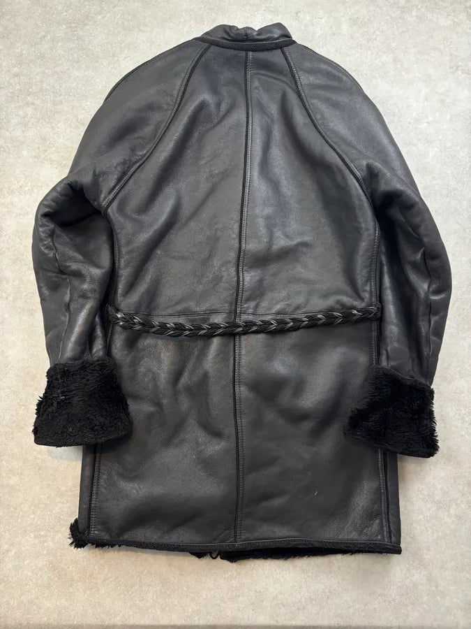 1980s Gianni Versace Black Leather Asymmetrical Coat qxPOVrb 4