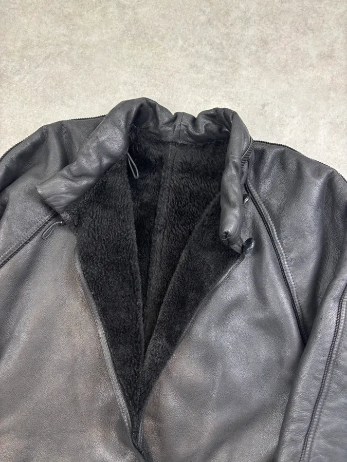 1980s Gianni Versace Black Leather Asymmetrical Coat qxPOVrb 3