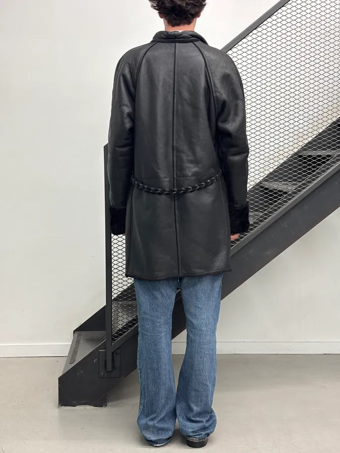 1980s Gianni Versace Black Leather Asymmetrical Coat qxPOVrb 2