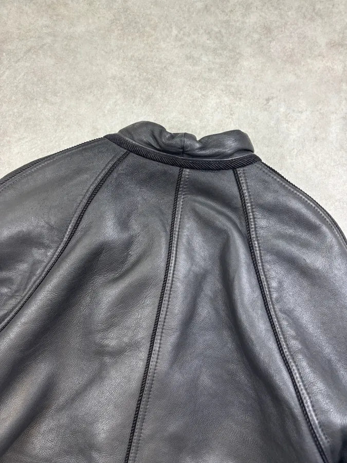 1980s Gianni Versace Black Leather Asymmetrical Coat qxPOVrb 5