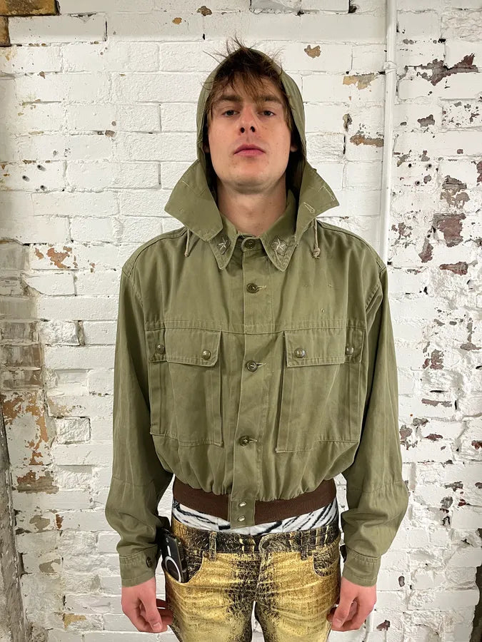 1980s Vintage Military Green Buttoned Hooded Jacket ltAvdCF 1