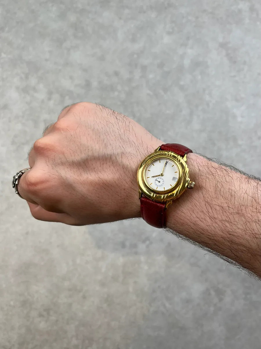 1980s Yves Saint Laurent Bordeaux Leather Quartz Watch sJqhDBV 0