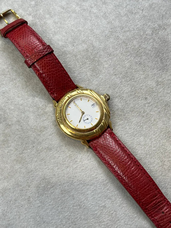 1980s Yves Saint Laurent Bordeaux Leather Quartz Watch sJqhDBV 4