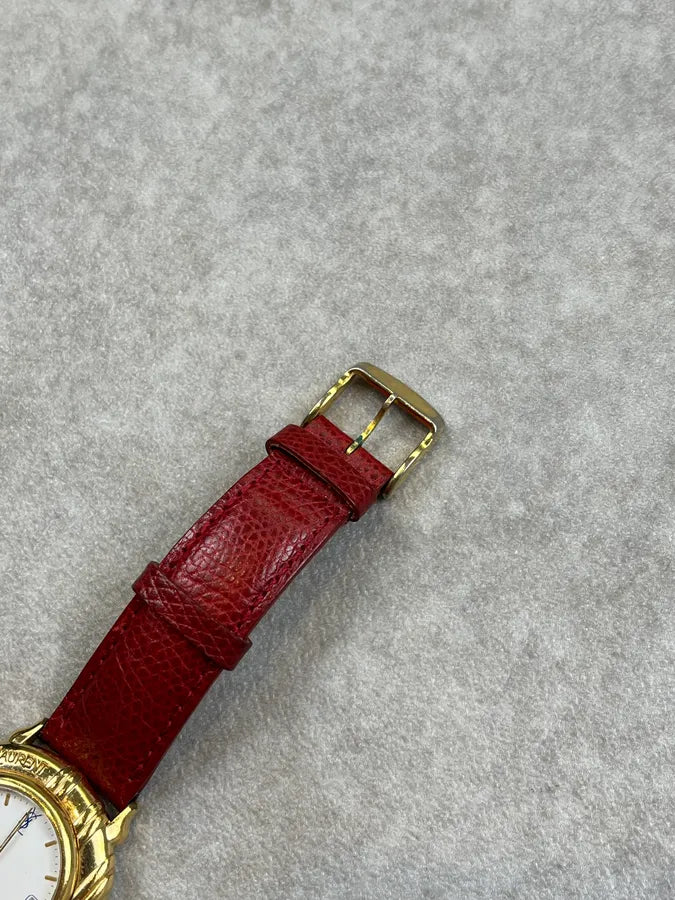 1980s Yves Saint Laurent Bordeaux Leather Quartz Watch sJqhDBV 5