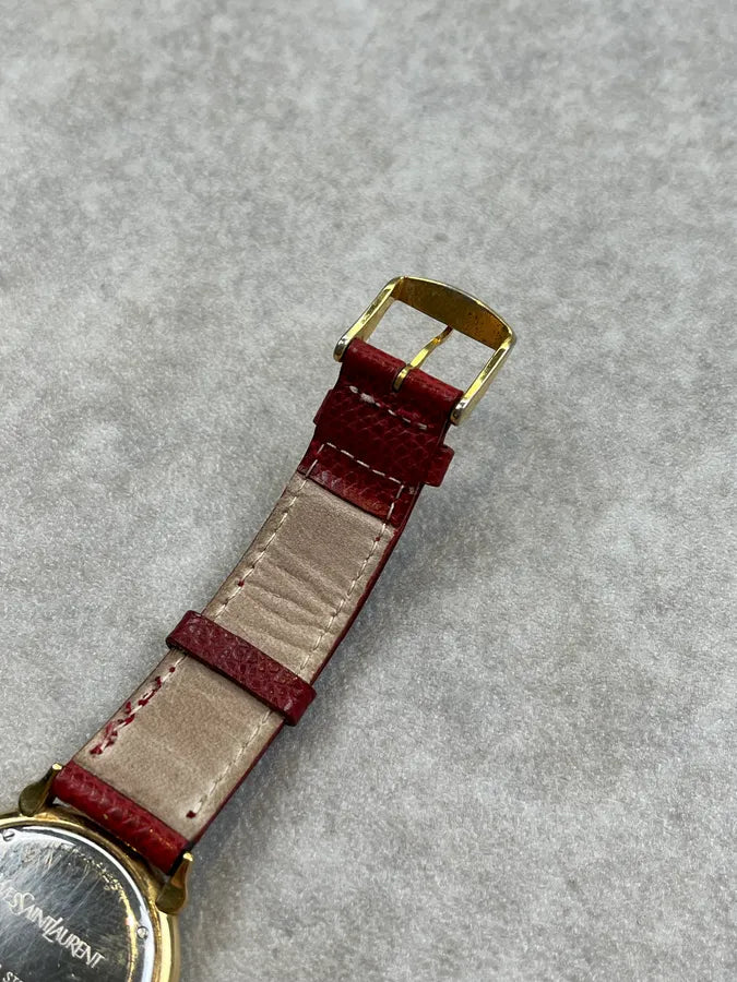 1980s Yves Saint Laurent Bordeaux Leather Quartz Watch sJqhDBV 8