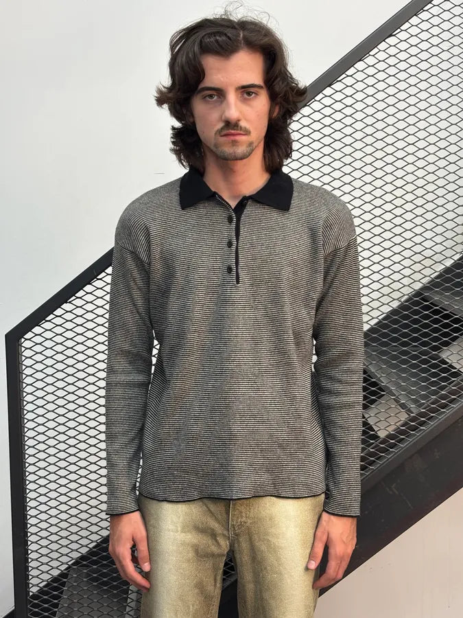 AW1981 Giorgio Armani Grey Striped Cotton Polo Sweater aQsHfyH 0