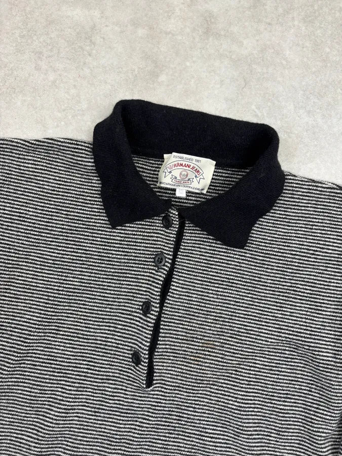 AW1981 Giorgio Armani Grey Striped Cotton Polo Sweater aQsHfyH 3